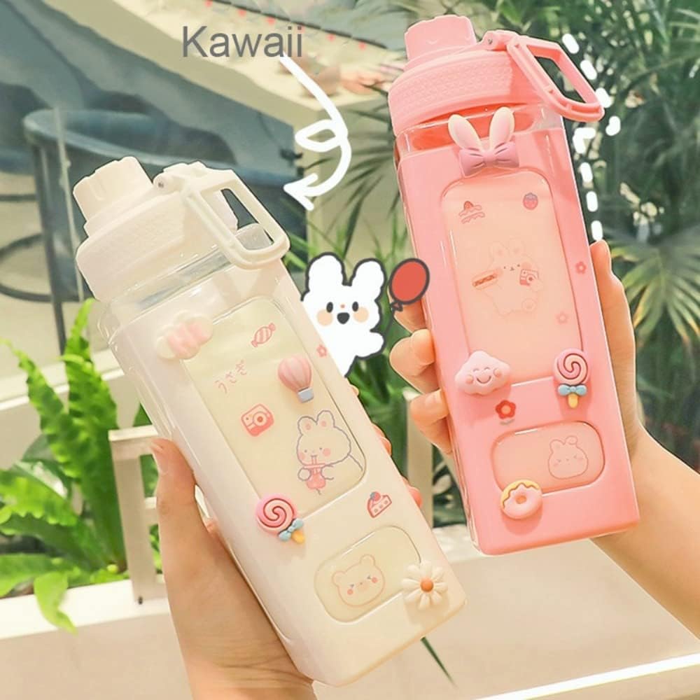 Cute Kawaii Water Bottle for Girls – 700ml Leak-Proof Sports Bottle with 3 Stickers, 3 Rubber Stickers & 1 Straw |