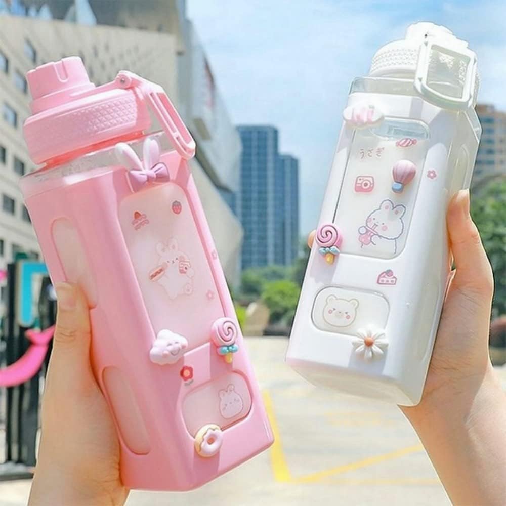 Cute Kawaii Water Bottle for Girls – 700ml Leak-Proof Sports Bottle with 3 Stickers, 3 Rubber Stickers & 1 Straw |