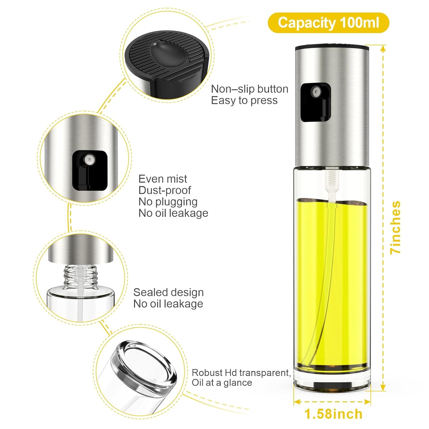 100ML Premium Olive Oil Sprayer for Cooking – Glass Oil Spray Bottle with 304 Stainless Steel