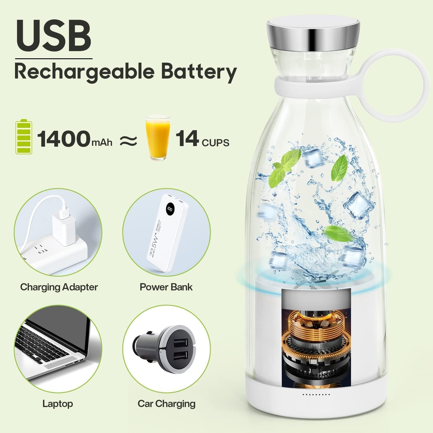 USB Rechargeable Mini Juicer Blender | Portable Electric Juicer Bottle 320ml Glass | 1400mAh Battery (Multicolor)